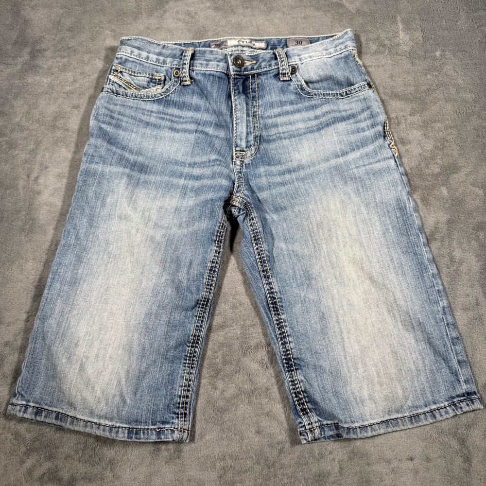 BKE Tyler Mens Denim Shorts Size 30 Blue Light Wash Relaxed Fit Heavy Stitching